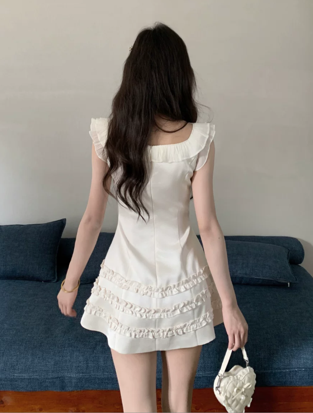 Vintage Cream V-Neck Lace Ruffle Bow Cap Sleeve Tiered A-Line Homecoming Dress TP6072