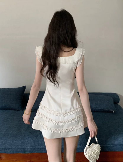 Vintage Cream V-Neck Lace Ruffle Bow Cap Sleeve Tiered A-Line Homecoming Dress TP6072