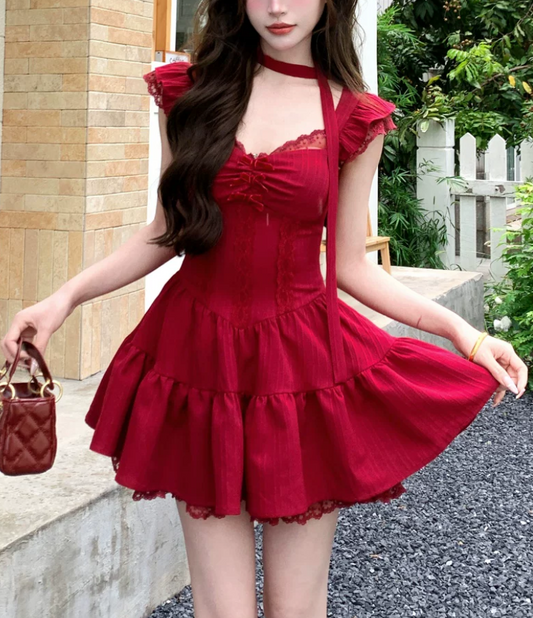 Vintage Burgundy Ruffle Fly Sleeve Sweetheart Lace Corset Tiered A-Line Homecoming Dress TP6073