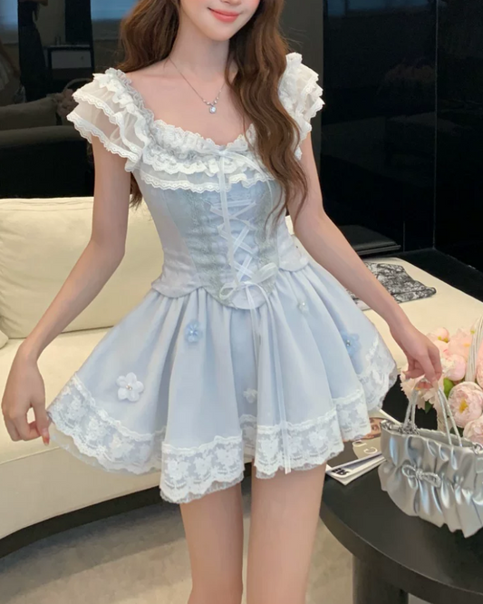Vintage Light Blue Lace Corset 3D Floral Cap Sleeve A-Line Homecoming Dress TP6074