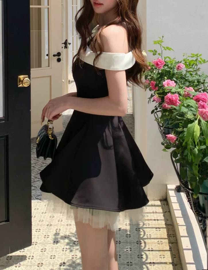 Vintage Black One-Shoulder White Bow A-Line Homecoming Dress TP6075