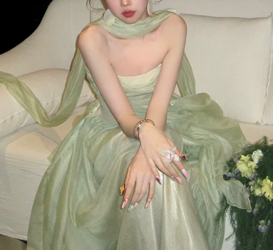 Vintage Light Green Strapless A-Line Tulle Evening Gown TP6076