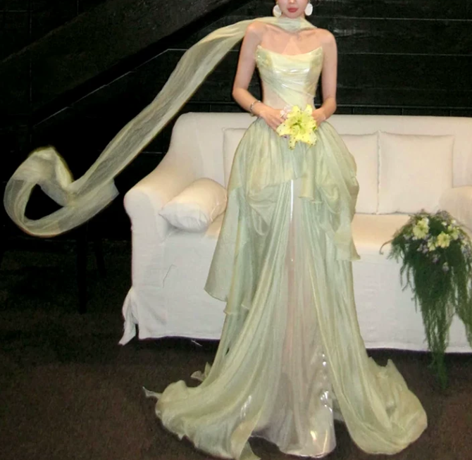 Vintage Light Green Strapless A-Line Tulle Evening Gown TP6076