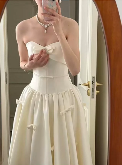 Vintage Ivory Satin Strapless A‑Line Bows Evening Dress TP6084