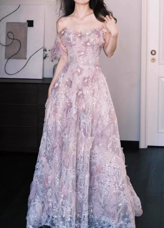 Elegant Lilac Off‑the‑Shoulder 3D Floral Sequin A‑Line Evening Dress TP6085