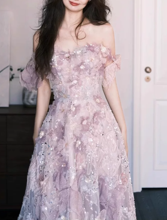 Elegant Lilac Off‑the‑Shoulder 3D Floral Sequin A‑Line Evening Dress TP6085