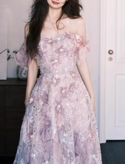 Elegant Lilac Off‑the‑Shoulder 3D Floral Sequin A‑Line Evening Dress TP6085
