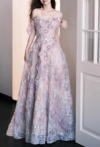 Elegant Lilac Off‑the‑Shoulder 3D Floral Sequin A‑Line Evening Dress TP6085