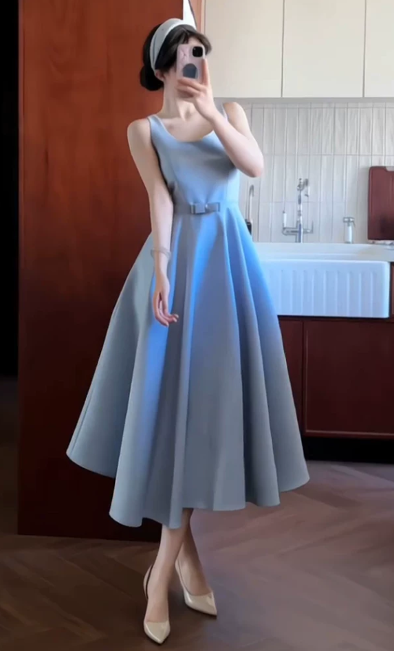 Elegant Dusty Blue Satin Sleeveless A‑Line Tea‑Length Bow Detail Evening Dress TP6086