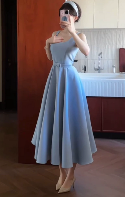 Elegant Dusty Blue Satin Sleeveless A‑Line Tea‑Length Bow Detail Evening Dress TP6086