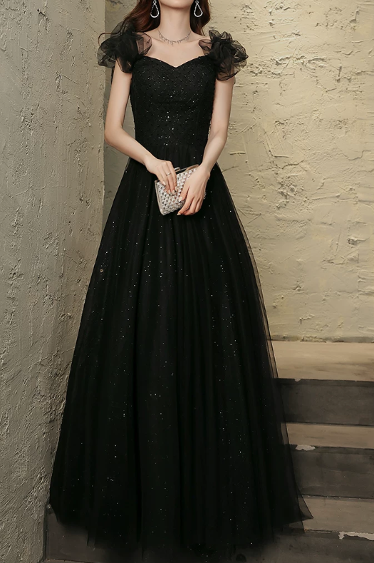 Elegant Black Sweetheart Tulle Ruffle Sequin A‑Line Long Evening Dress TP6087