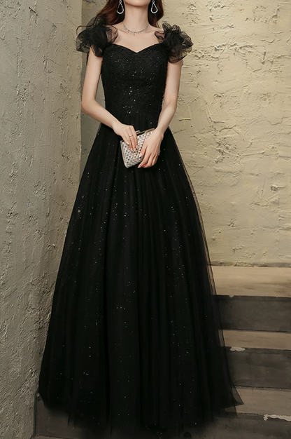 Elegant Black Sweetheart Tulle Ruffle Sequin A‑Line Long Evening Dress TP6087