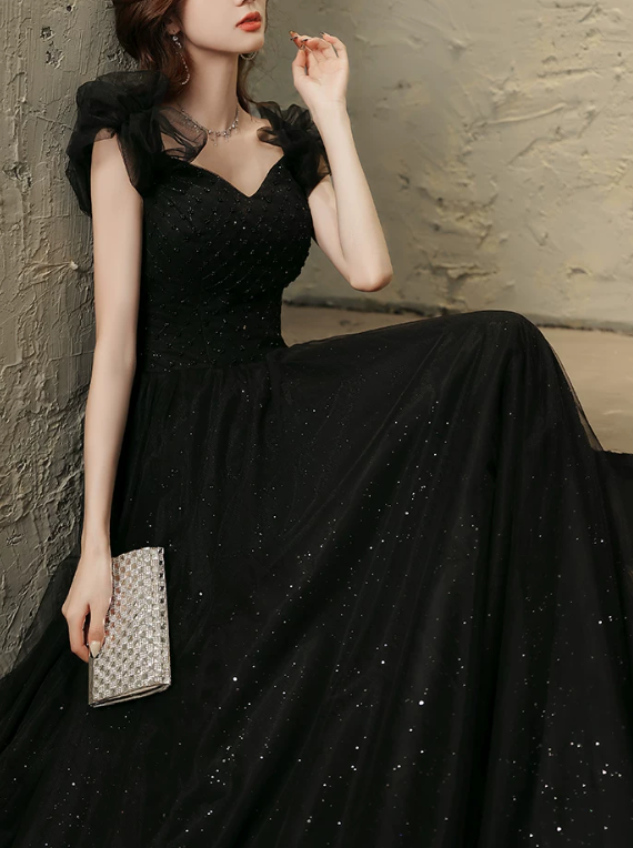 Elegant Black Sweetheart Tulle Ruffle Sequin A‑Line Long Evening Dress TP6087