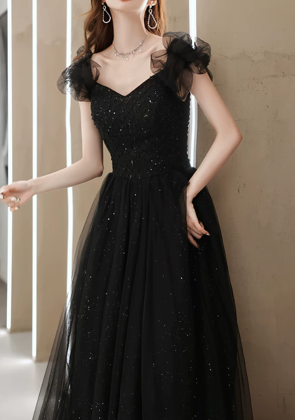 Elegant Black Sweetheart Tulle Ruffle Sequin A‑Line Long Evening Dress TP6087