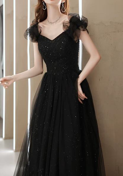 Elegant Black Sweetheart Tulle Ruffle Sequin A‑Line Long Evening Dress TP6087