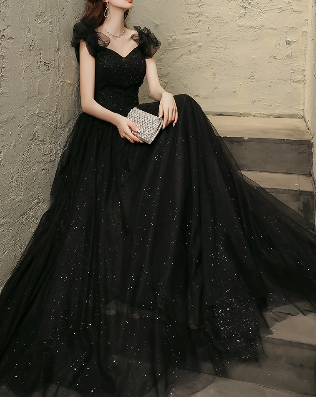 Elegant Black Sweetheart Tulle Ruffle Sequin A‑Line Long Evening Dress TP6087
