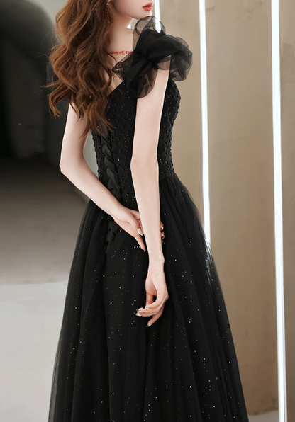 Elegant Black Sweetheart Tulle Ruffle Sequin A‑Line Long Evening Dress TP6087