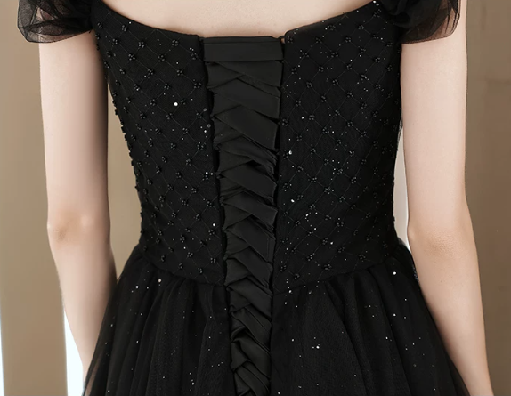 Elegant Black Sweetheart Tulle Ruffle Sequin A‑Line Long Evening Dress TP6087