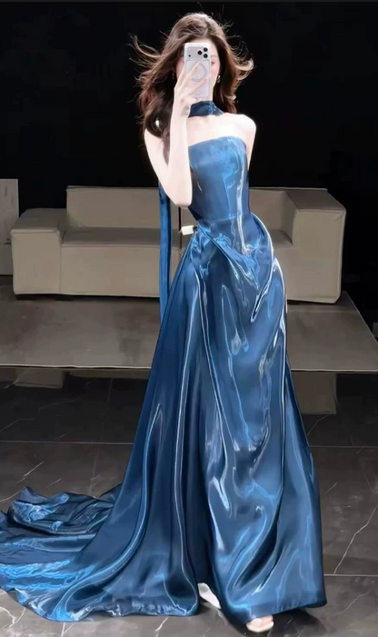 Elegant Deep Blue Strapless Satin A‑Line Long Evening Dress TP6088