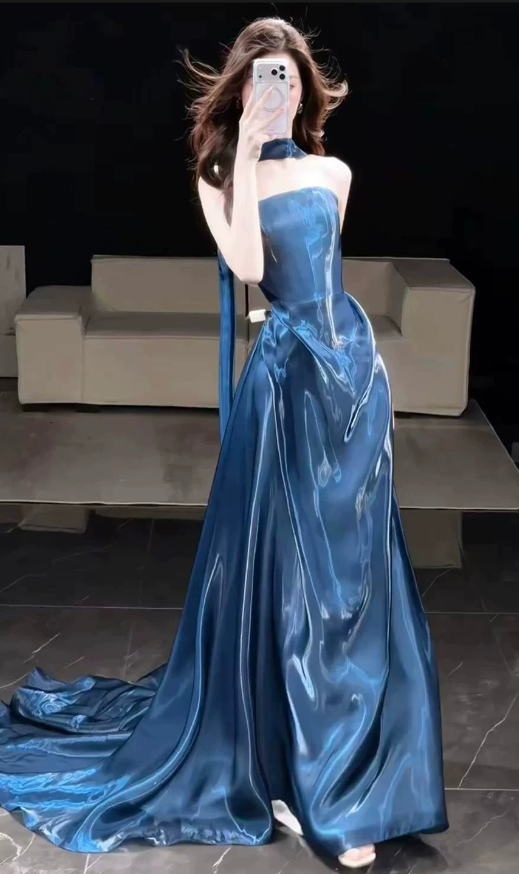 Elegant Deep Blue Strapless Satin A‑Line Long Evening Dress TP6088