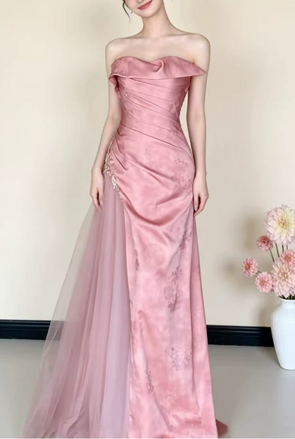 Elegant Pink Satin Strapless Mermaid Tulle Evening Dress TP6089