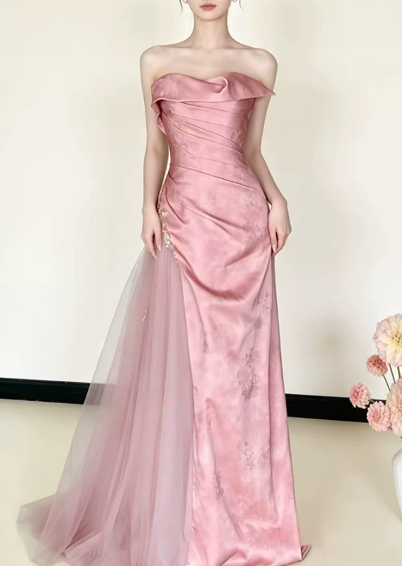Elegant Pink Satin Strapless Mermaid Tulle Evening Dress TP6089