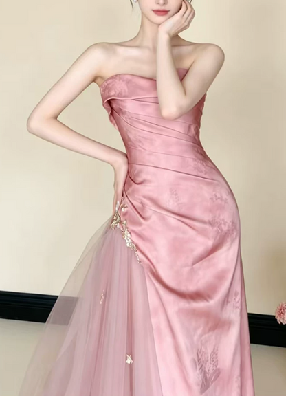 Elegant Pink Satin Strapless Mermaid Tulle Evening Dress TP6089