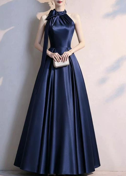 Elegant Navy Blue Satin Halter-Neck A-Line Evening Dress TP6090