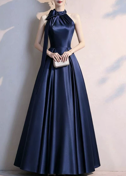 Elegant Navy Blue Satin Halter-Neck A-Line Evening Dress TP6090