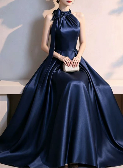 Elegant Navy Blue Satin Halter-Neck A-Line Evening Dress TP6090
