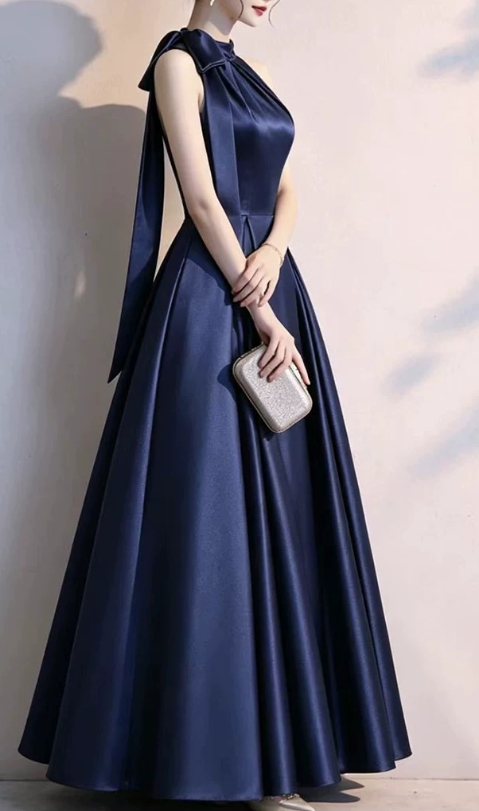 Elegant Navy Blue Satin Halter-Neck A-Line Evening Dress TP6090
