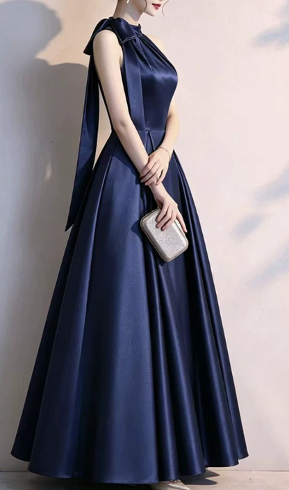 Elegant Navy Blue Satin Halter-Neck A-Line Evening Dress TP6090