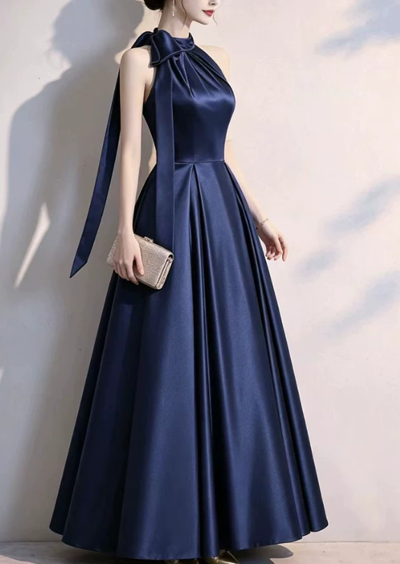 Elegant Navy Blue Satin Halter-Neck A-Line Evening Dress TP6090