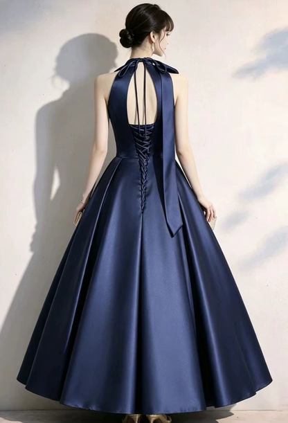 Elegant Navy Blue Satin Halter-Neck A-Line Evening Dress TP6090