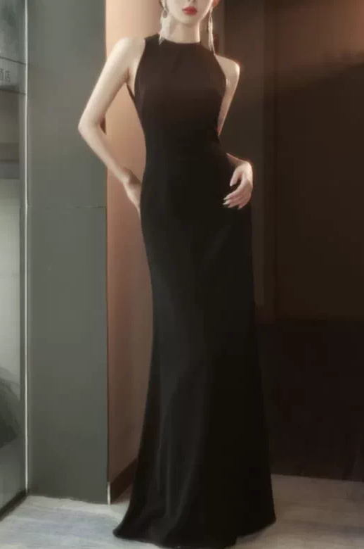 Elegant Black Satin Sleeveless Sheath Evening Dress TP6091