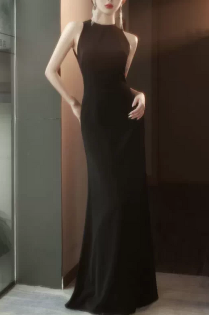 Elegant Black Satin Sleeveless Sheath Evening Dress TP6091