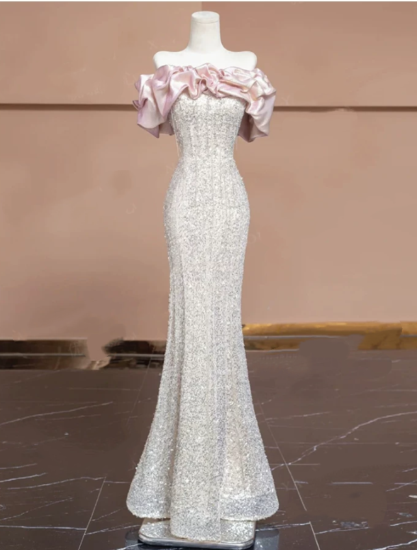 Elegant Off-the-Shoulder Pink Satin Ruffle Silver Glitter Mermaid Evening Dress TP6092