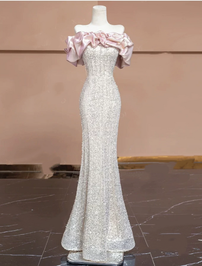 Elegant Off-the-Shoulder Pink Satin Ruffle Silver Glitter Mermaid Evening Dress TP6092