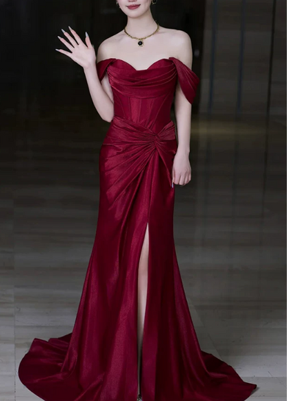 Elegant Burgundy Off-the-Shoulder Satin Mermaid High Slit Evening Dress TP6093