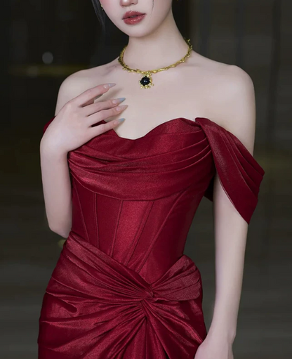 Elegant Burgundy Off-the-Shoulder Satin Mermaid High Slit Evening Dress TP6093