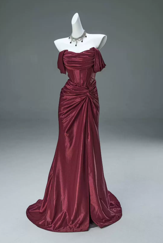 Elegant Burgundy Off-the-Shoulder Satin Mermaid High Slit Evening Dress TP6093