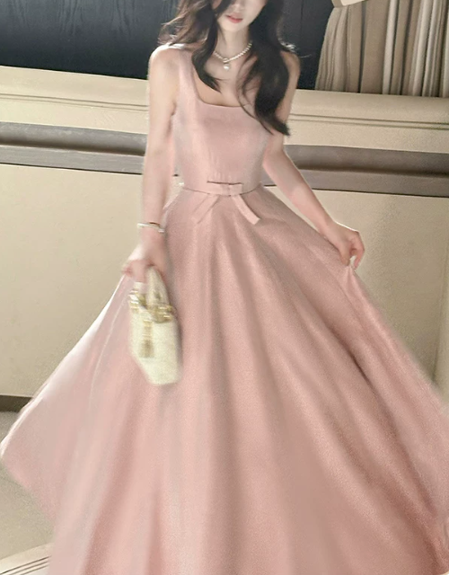Elegant Dusty Pink Satin Spaghetti Strap Bow A-Line Evening Dress TP6094
