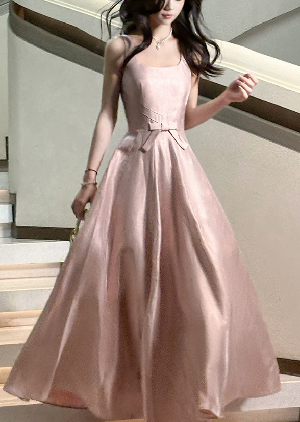 Elegant Dusty Pink Satin Spaghetti Strap Bow A-Line Evening Dress TP6094
