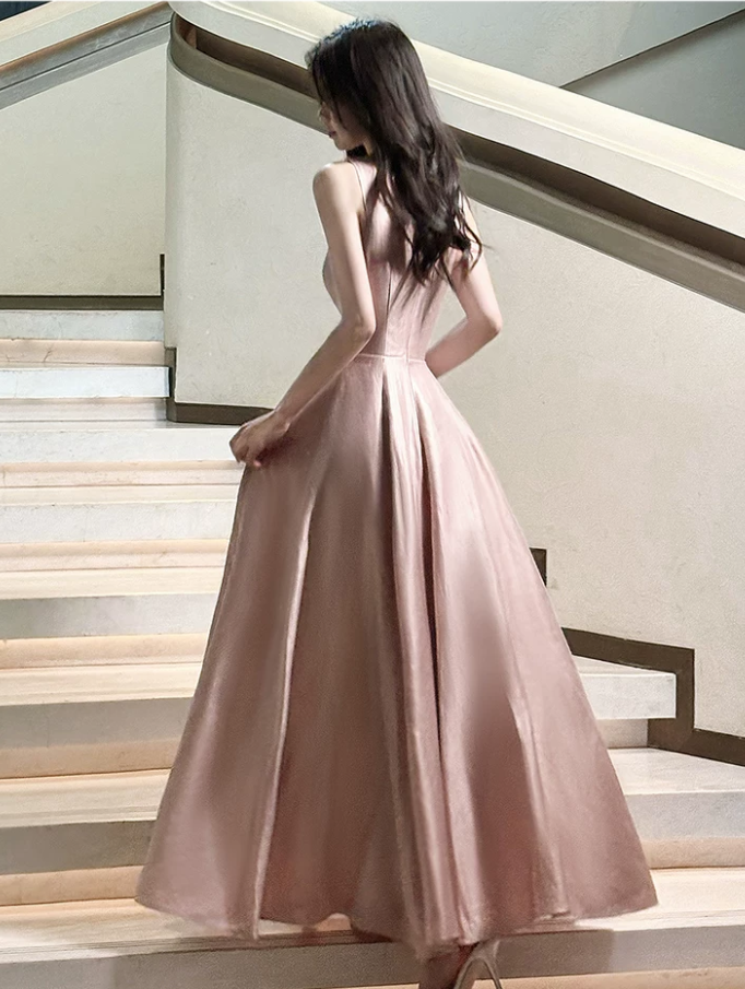 Elegant Dusty Pink Satin Spaghetti Strap Bow A-Line Evening Dress TP6094