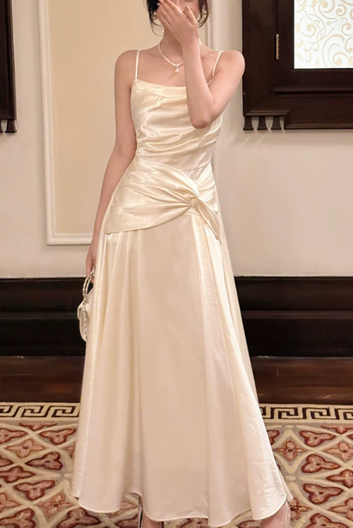 Elegant Ivory Shiny Satin Spaghetti Strap Ruched Square Neck A-Line Evening Dress TP6095