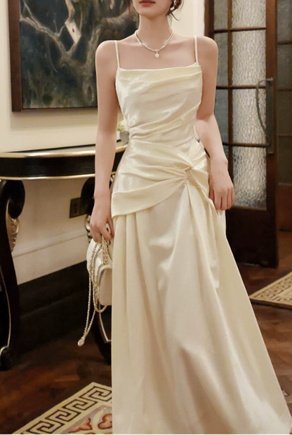 Elegant Ivory Shiny Satin Spaghetti Strap Ruched Square Neck A-Line Evening Dress TP6095