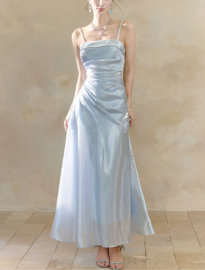 Elegant Light Blue Shimmer Satin Spaghetti Strap Ruched A-Line Prom Dress TP6096