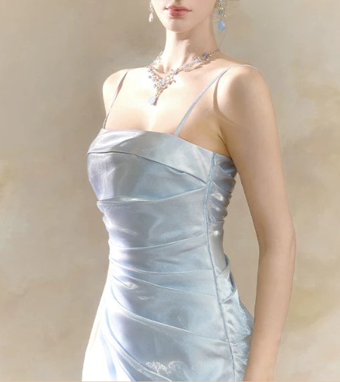 Elegant Light Blue Shimmer Satin Spaghetti Strap Ruched A-Line Prom Dress TP6096