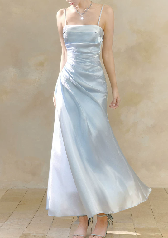 Elegant Light Blue Shimmer Satin Spaghetti Strap Ruched A-Line Prom Dress TP6096