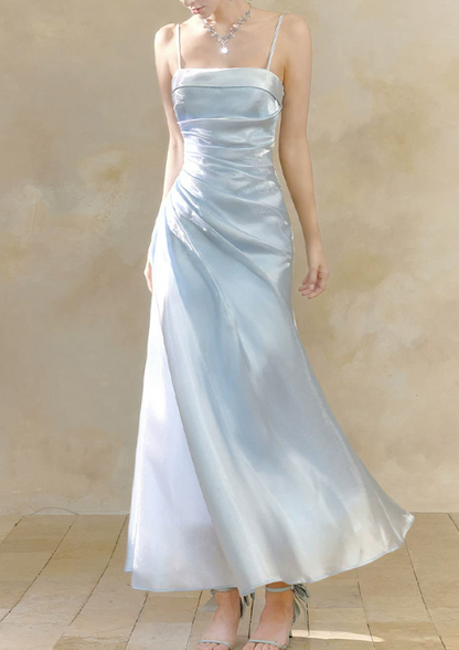 Elegant Light Blue Shimmer Satin Spaghetti Strap Ruched A-Line Prom Dress TP6096